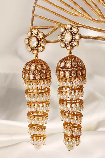 Gold plated kundan jhumka earrings