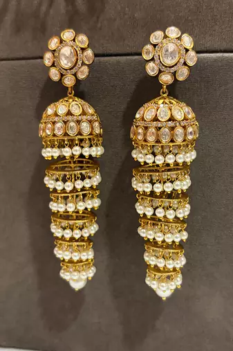 Gold plated kundan jhumka earrings