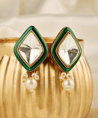 Gold plated kundan green stones stud earrings 1