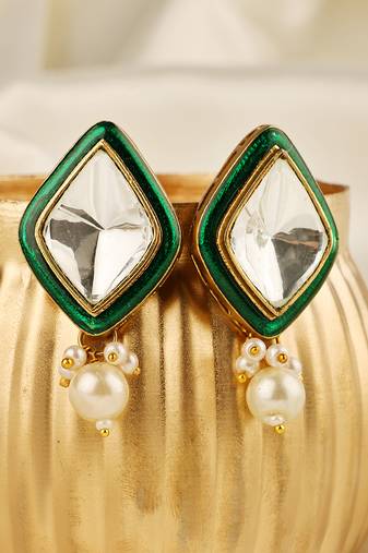 Gold plated kundan green stones stud earrings