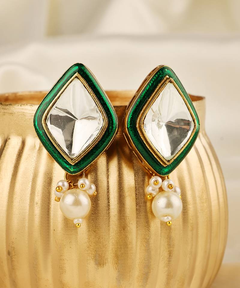 Gold plated kundan green stones stud earrings