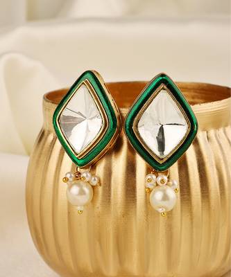 Gold plated kundan green stones stud earrings 2