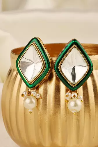 Gold plated kundan green stones stud earrings