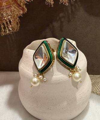 Gold plated kundan green stones stud earrings 3