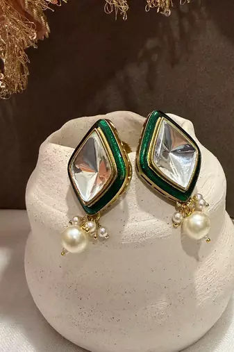 Gold plated kundan green stones stud earrings