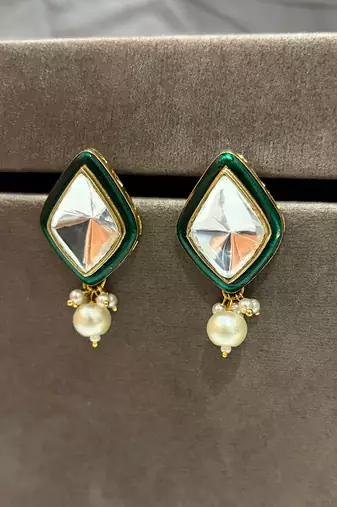 Gold plated kundan green stones stud earrings