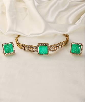 Gold plated kundan green stones choker necklace set 1
