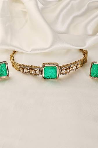 Gold plated kundan green stones choker necklace set