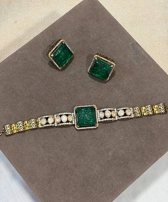 Gold plated kundan green stones choker necklace set 2