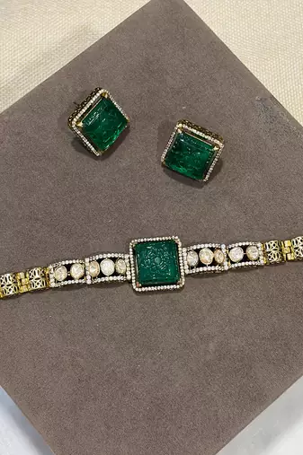 Gold plated kundan green stones choker necklace set
