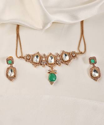 Gold plated kundan green stones necklace set 1