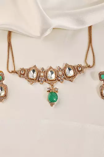 Gold plated kundan green stones necklace set