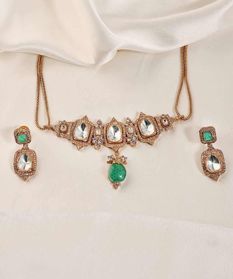 Gold plated kundan green stones necklace set