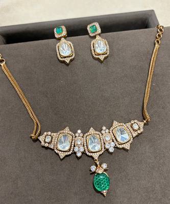 Gold plated kundan green stones necklace set 2