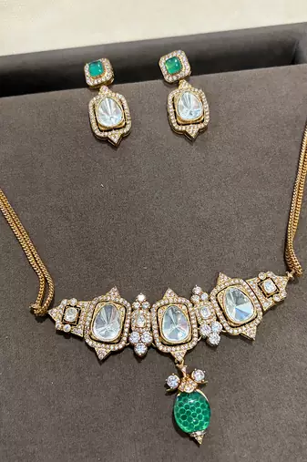 Gold plated kundan green stones necklace set