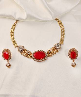 Gold plated kundan red stones necklace set 1