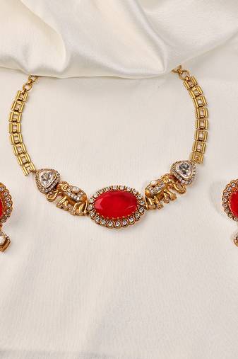 Gold plated kundan red stones necklace set