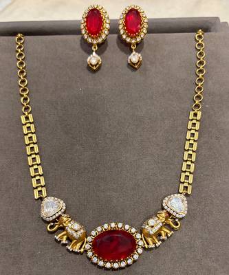 Gold plated kundan red stones necklace set 2