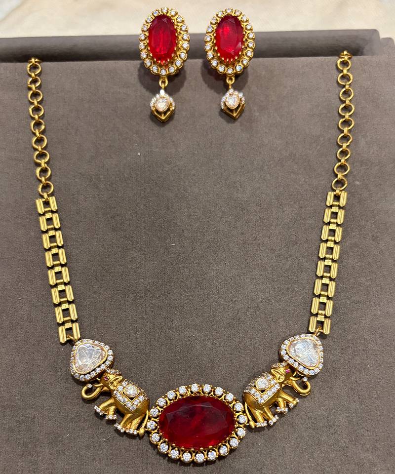 Gold plated kundan red stones necklace set