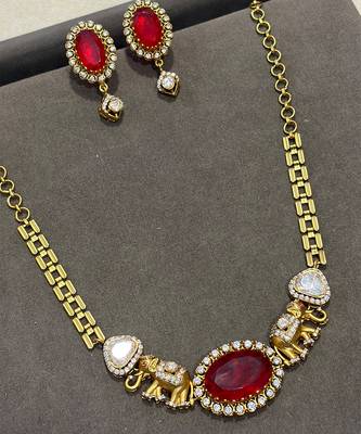 Gold plated kundan red stones necklace set 3