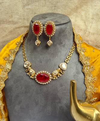 Gold plated kundan red stones necklace set 4