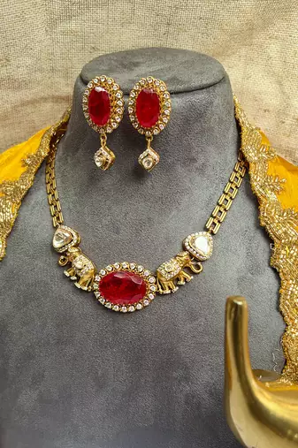 Gold plated kundan red stones necklace set