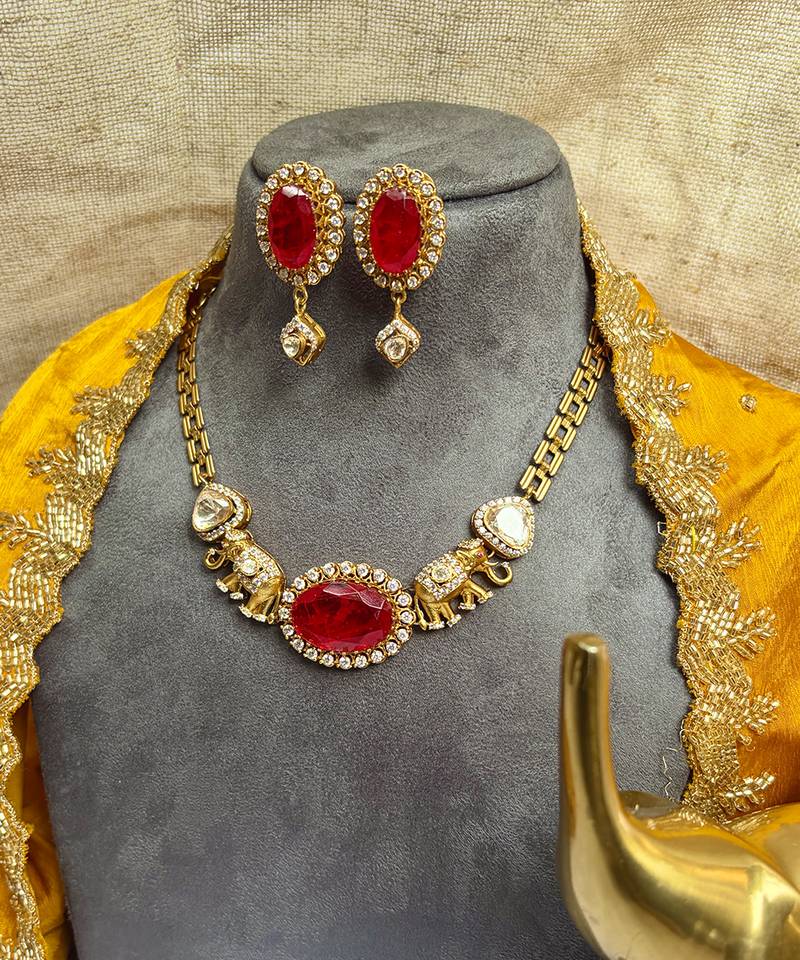 Gold plated kundan red stones necklace set