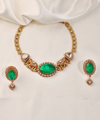 Gold plated kundan green stones necklace set 1