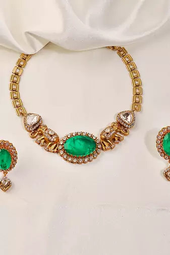 Gold plated kundan green stones necklace set