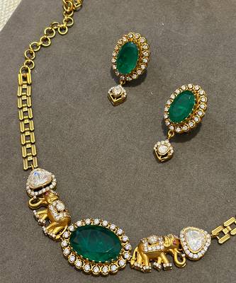Gold plated kundan green stones necklace set 2