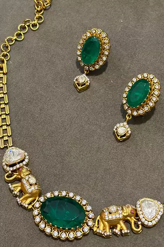 Gold plated kundan green stones necklace set