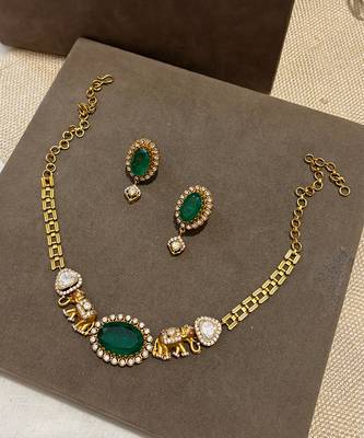 Gold plated kundan green stones necklace set 3