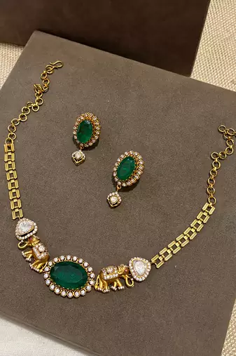 Gold plated kundan green stones necklace set