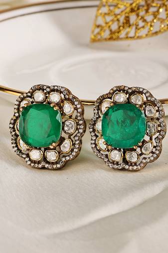 Gold plated kundan green stones stud earrings