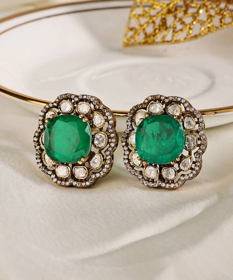 Gold plated kundan green stones stud earrings
