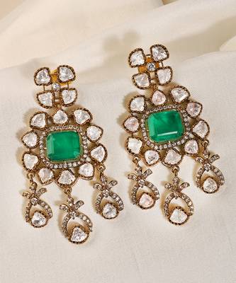 Gold plated kundan green stones dangler earrings 2