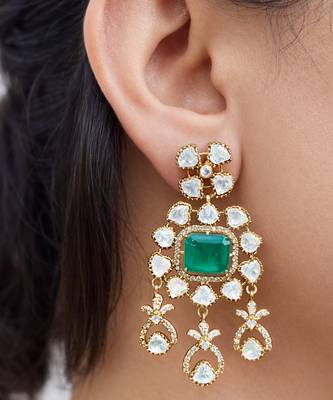 Gold plated kundan green stones dangler earrings 3