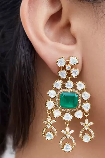 Gold plated kundan green stones dangler earrings