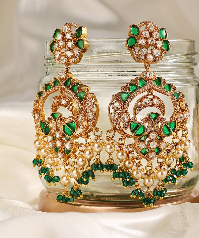 Gold plated kundan green stones chandbali earrings