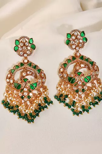 Gold plated kundan green stones chandbali earrings