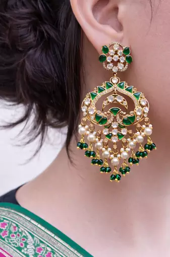 Gold plated kundan green stones chandbali earrings