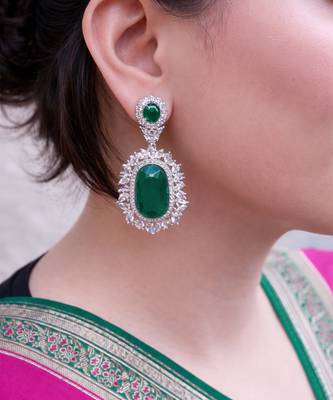 Gold plated kundan green stones dangler earrings 1