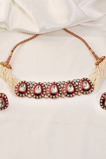 Gold plated kundan red stones choker necklace set