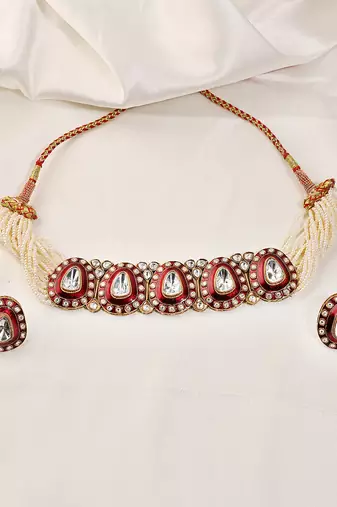 Gold plated kundan red stones choker necklace set