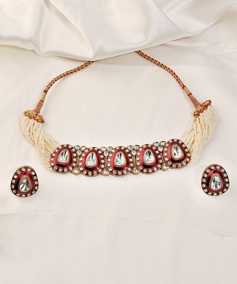 Gold plated kundan red stones choker necklace set