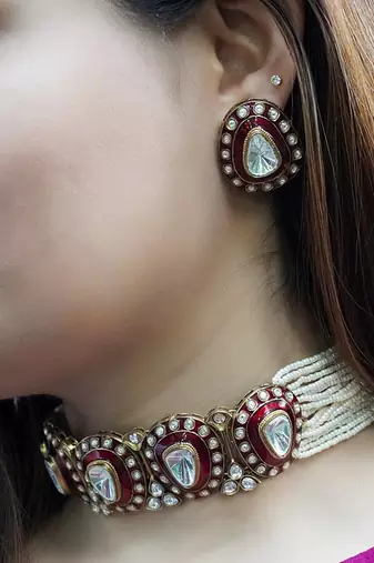 Gold plated kundan red stones choker necklace set