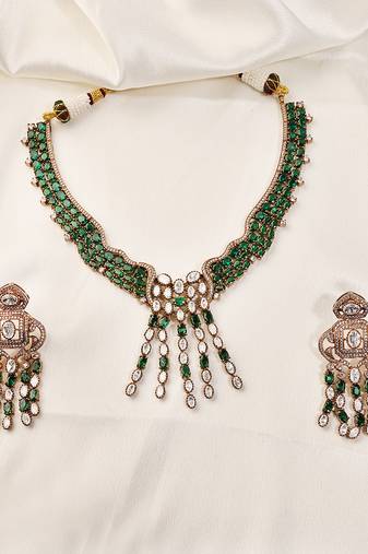 Gold plated kundan green stones necklace set