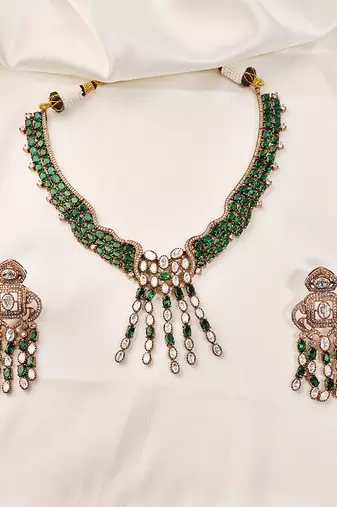 Gold plated kundan green stones necklace set