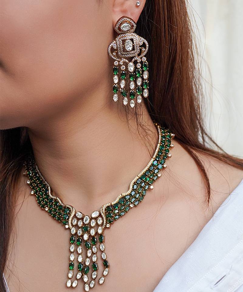 Gold plated kundan green stones necklace set