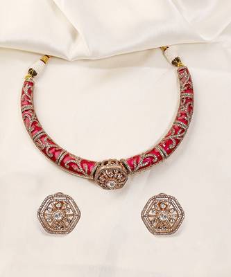 Gold plated kundan red stones necklace set 1